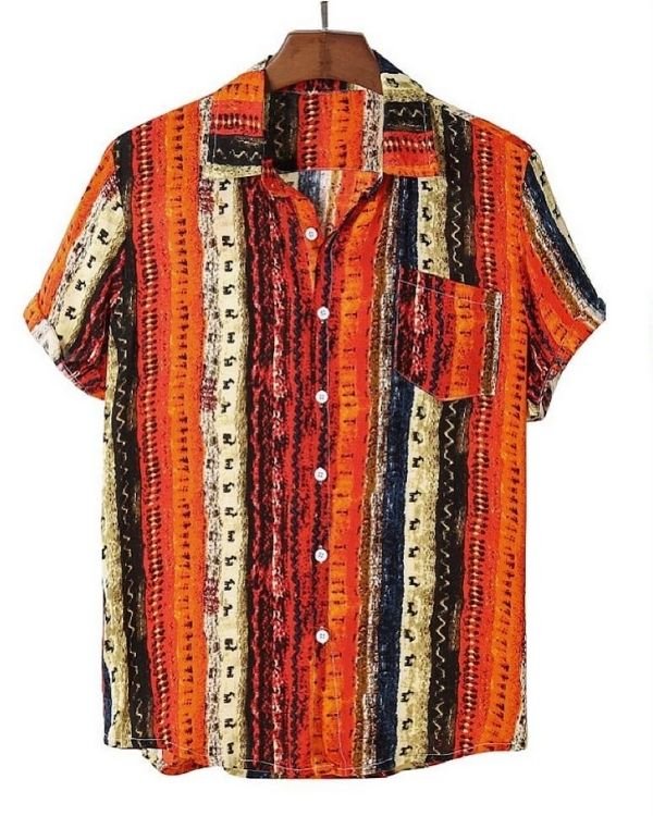Vintage Retro Herren Hemd gestreift mit Ethno Mustern - Orange Rotes Herren Hemd 