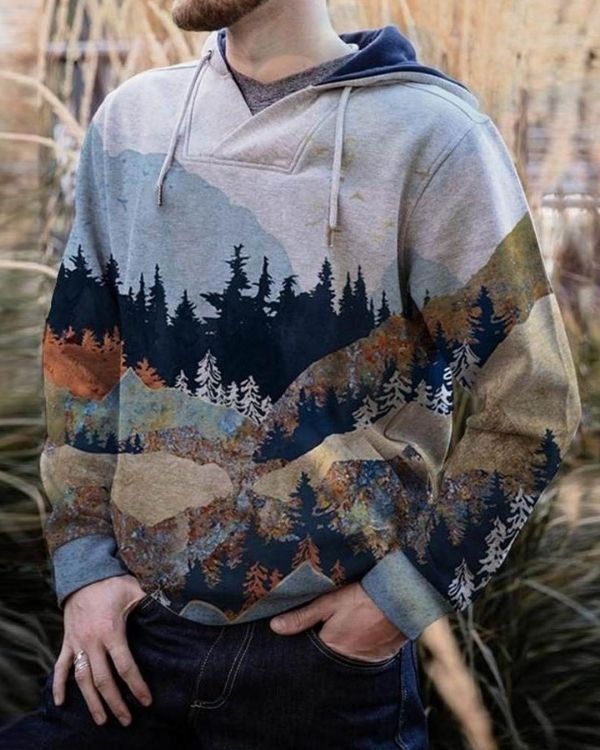 Herren Hoodie Pullover mit Berg Natur Landschaft auf dem Sweater verteilt - Boho Fashion Style Männer online kaufen Schweiz