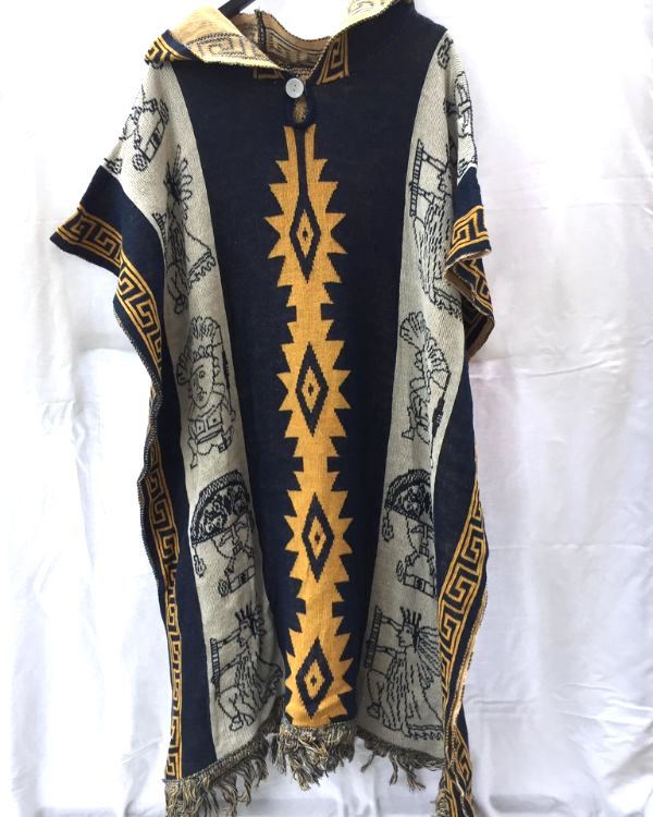 Herren Boho Cape in blau mit orangen Mustern - Ethno Hippie Kapuzen Herren Cape 