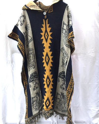 Herren Boho Cape in blau mit orangen Mustern - Ethno Hippie Kapuzen Herren Cape 