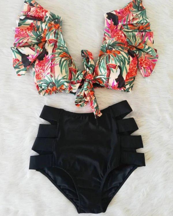 High-Waist Bikini Set - Palmen Muster und tropischen Farben 