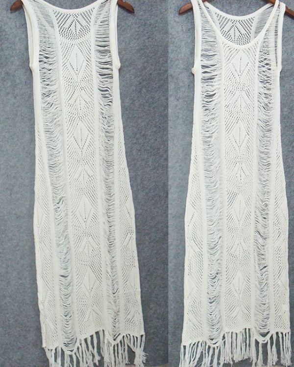 Weisses Fransen Bohemian Sommerkleid Strickkleid Damen