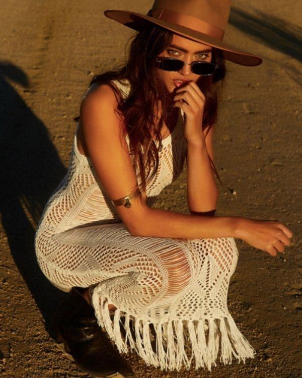 Maxikleid Strick Fransen Bohemian Hippie Style Kleid weiss