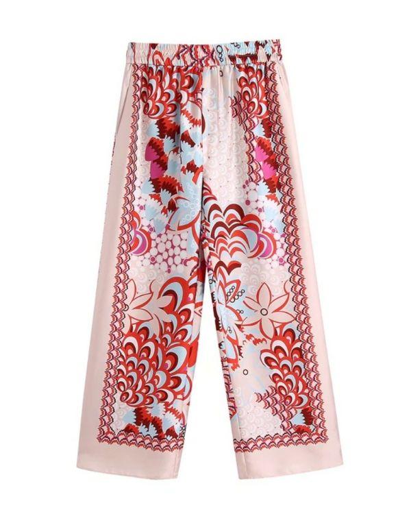 Lange lockere Damen Hose mit Vintage Retro Mustern - Fashion Hose gerader Schnitt und elastischer Bund