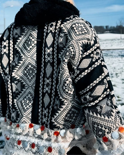 Schwarz Weisse Damen Boho Jacke mit Raute Mausern und silbernen Faden - Fransen Hippie Uebergangsjacke