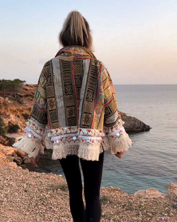 Hippiechic Damen Jacke mit Fransen und Kragen - Super stillvolle Damen Jacke im India Hippie Style 