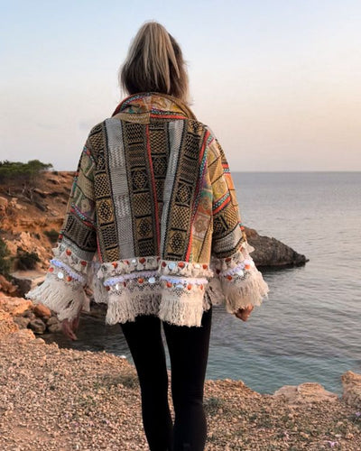 Hippiechic Damen Jacke mit Fransen und Kragen - Super stillvolle Damen Jacke im India Hippie Style 