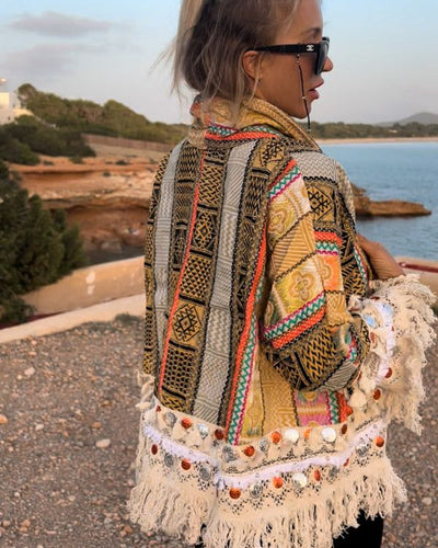 Gelb Goldene Hippie Boho Chic Damen Jacke mit Fransen 