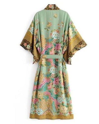 Japanese Style Boho Kimono mit Blumen und Vogel Motiven