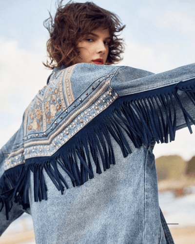 Jeansjacke Bohemian Hippie Style mit Fransen und Oversize Look