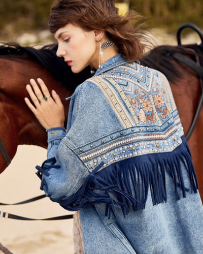 Jeansjacke Bohemian Hippie Style mit Fransen und Oversize Look