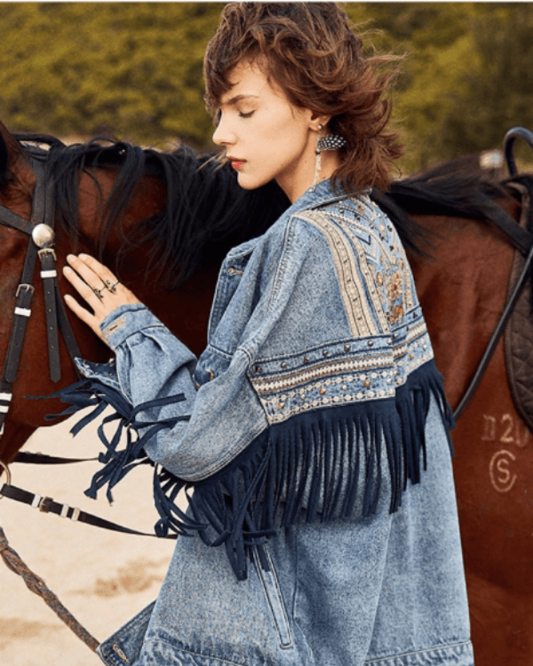 Jeansjacke Bohemian Hippie Style mit Fransen und Oversize Look