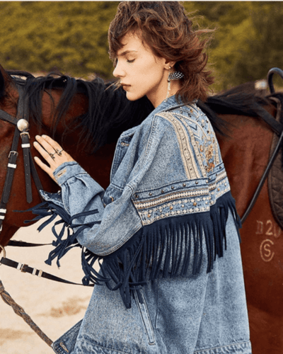 Jeansjacke Bohemian Hippie Style mit Fransen und Oversize Look