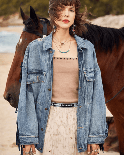 Jeansjacke Bohemian Hippie Style mit Fransen und Oversize Look