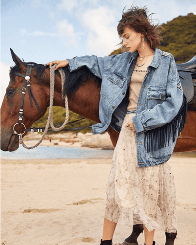 Jeansjacke Bohemian Hippie Style mit Fransen und Oversize Look