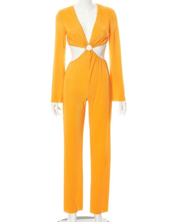 Orangen langarm und lange Beine Jumpsuit mit Cut-Outs auf den Seiten und Kreis in der Mitte  - Jumpsuit aus geripptem Stoff 