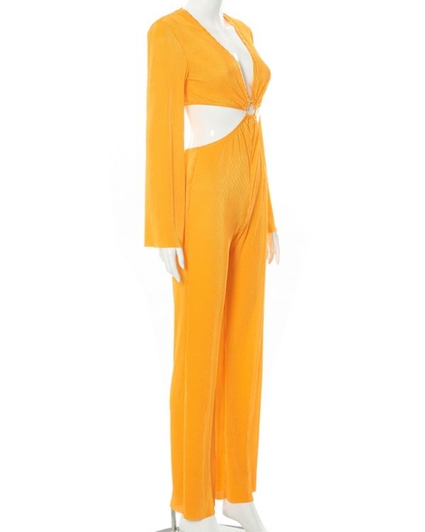 Damen Jumpsuit Overall aus geripptem Stoff mit V-Ausschnitt und Kreis in der Mitte 