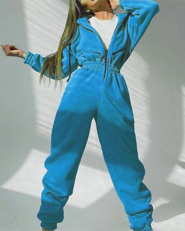 hellblauer kuschel Jumpsuit Overall mit Reissverschluss und Kapuze 
