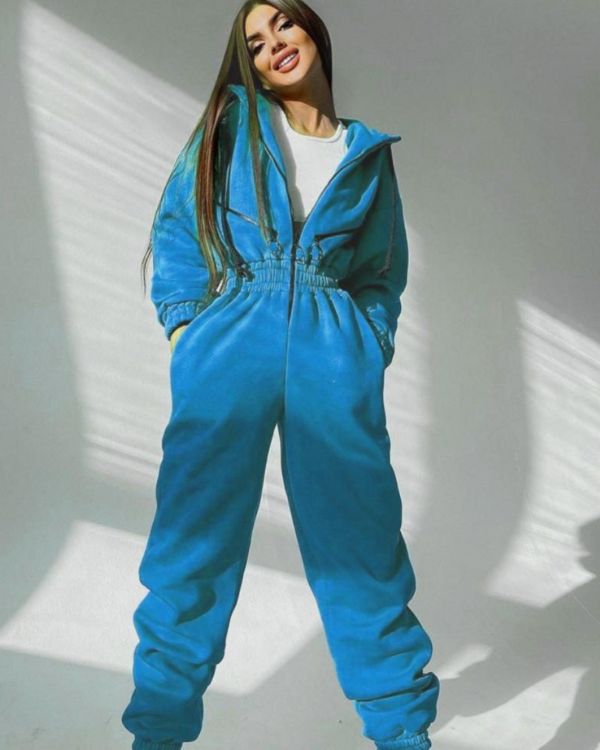 Loungewear kuscheliger Jumpsuit Overall Einteiler mit Reissverschluss und Kapuze 