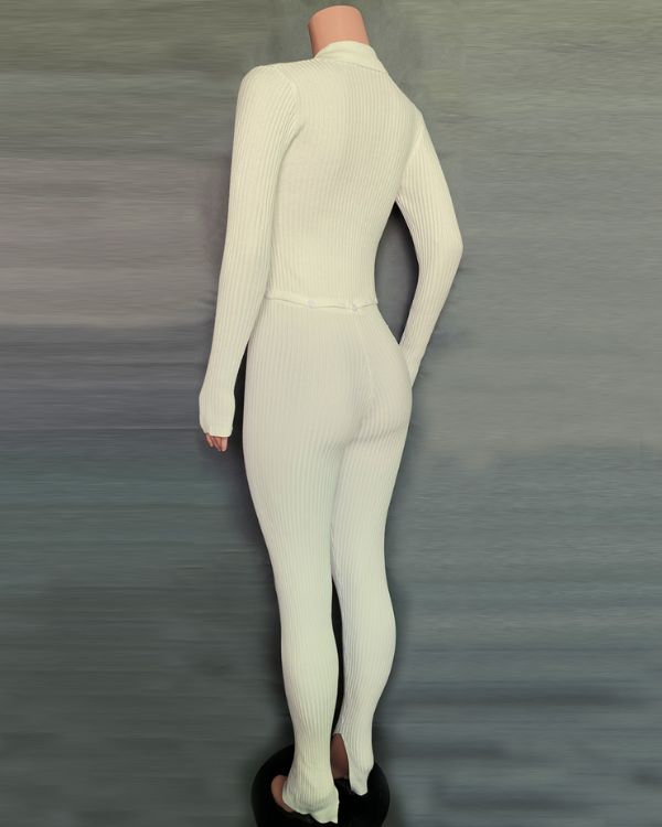 eng anliegender Damen Jumpsuit Einteiler in beige aus geripptem Stoff