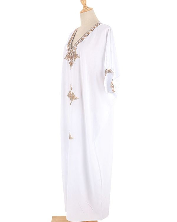 Weisser Boho Kaftan Kleid Damen - Sommerkleider Locker und Oversize Style