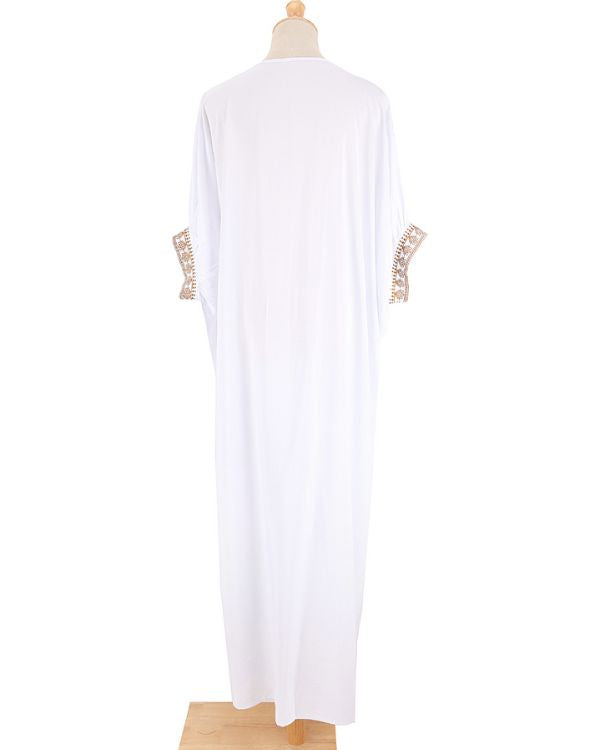 Weisser Boho Kaftan - Bodenlanges Sommer Kleid Damen in weiss mit goldenene Dedtails