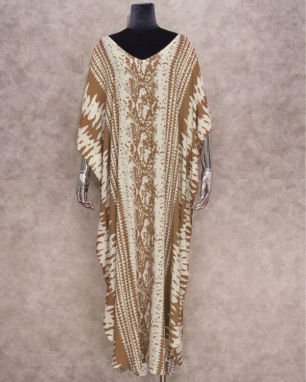 Sand Brauner Kaftan Kimono mit Boho Ethno Mustern 
