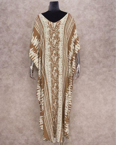 Sand Brauner Kaftan Kimono mit Boho Ethno Mustern 