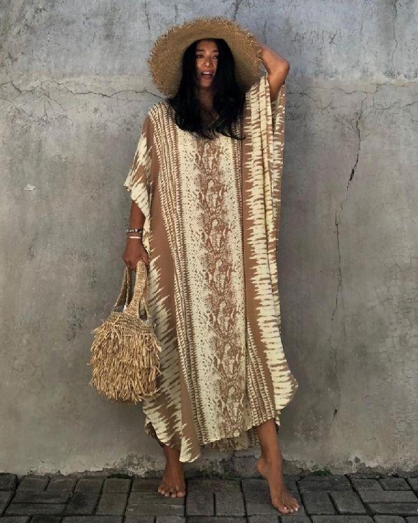 Braun Beige Kaftan Tunika Kleid Damen im Hippie Boho Style Just Style