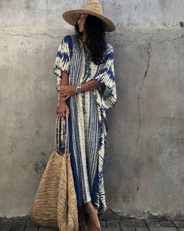 Blau Weiser Damen Kaftan im Batik Boho Muster | Tunika Kleid Bodenlang in blau weiss