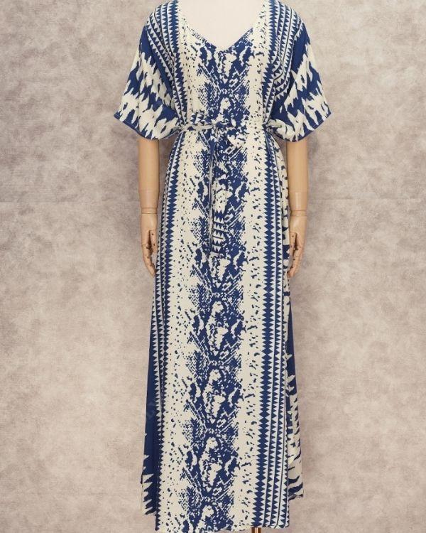 Baumwolle Kaftan in blau weiss mit Boho Mustern
