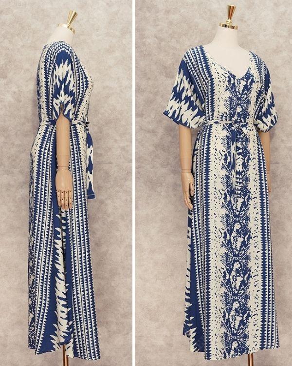 Blau Weisses Bodenlanges Boho Tunika Kleid Damen - Kaftan Fashion Scvhweiz
