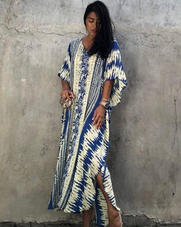 Blau Weisser Kaftan Kimono Tunika Kleid Damen - Eleganter Boho Kaftan