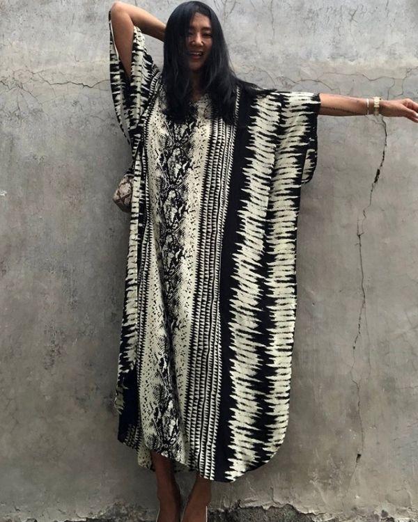 Schwarz Weisser Batik Boho Kaftan Tunika Damen - Bodenlanges Damen Kleid luftig und leicht aus Baumwolle