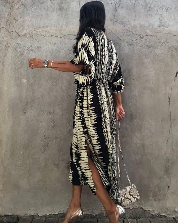 Schwarz Weisser Boho Kaftan Tunika Kleid Damen