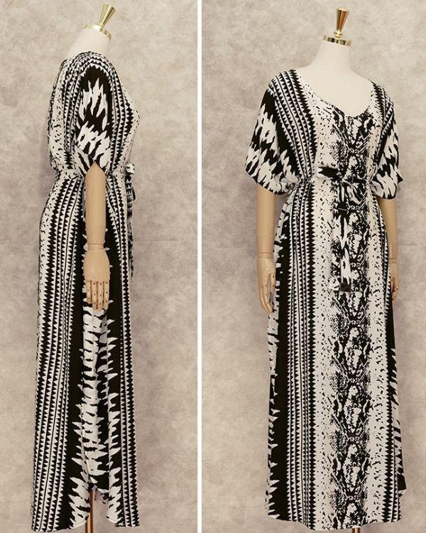 Schwarz Weisser Bodenlanges Baumwolle Tunika Kleid Damen