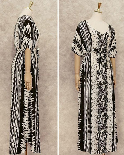 Schwarz Weisser Bodenlanges Baumwolle Tunika Kleid Damen