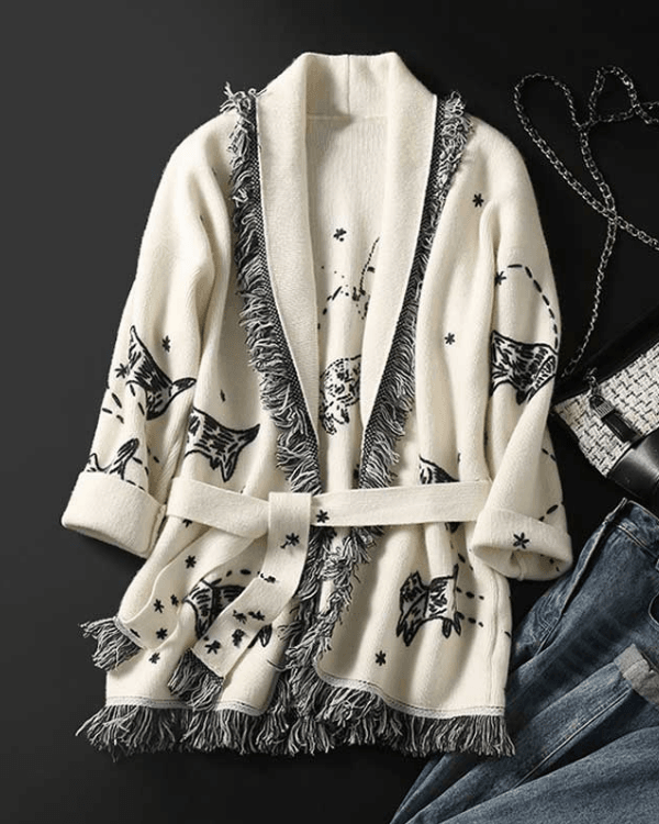 Strickjacke Kaschmir Designer Luxus Cardigan Kimono Damen weiss Fransen 