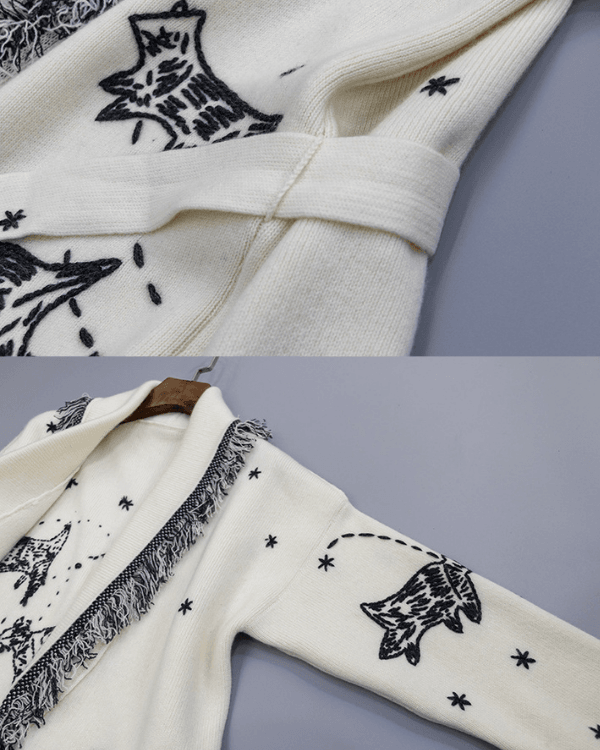 Strickjacke Details Fransen Stickereien Kaschmir Wolle