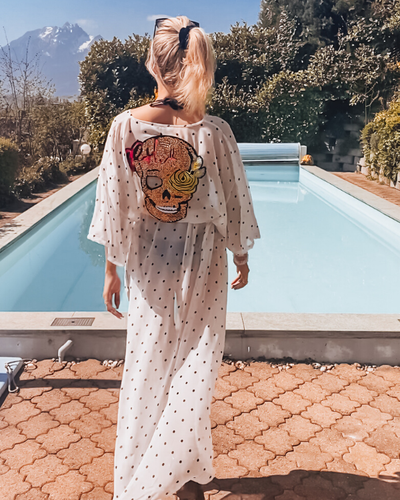Boho Kimono Ibiza Style mit Glitzer Totenkopf 