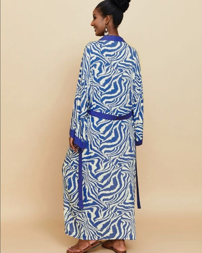 langer Rayon Kimono in blau-weiss mit schoenem Muster - Sommer Hippie Kimono in blau-weiss