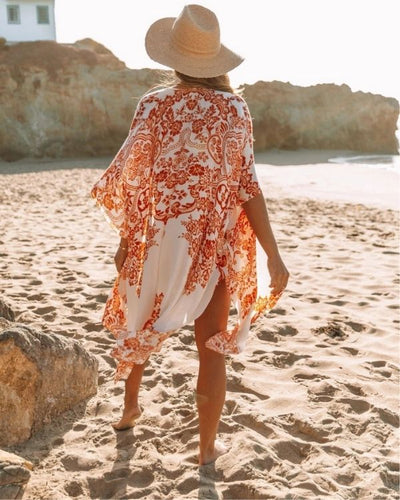 Weisser Oranger Boho Kimono mit Paisley Mustern - Mesh transparenter Damen Cape Kimono 