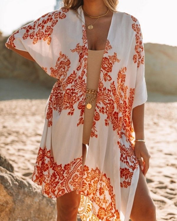Weiss Oranger Kimono Cape aus transparentem Mesh Stoff - Beach Cover-Up Kimono Damen