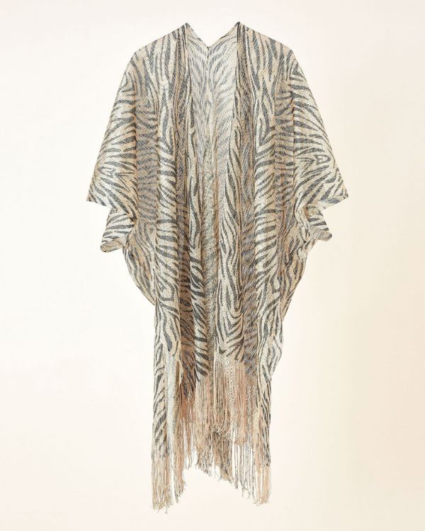 Goldener Kimono mit schwarzem Animal Zebra Print Muster und Fransen