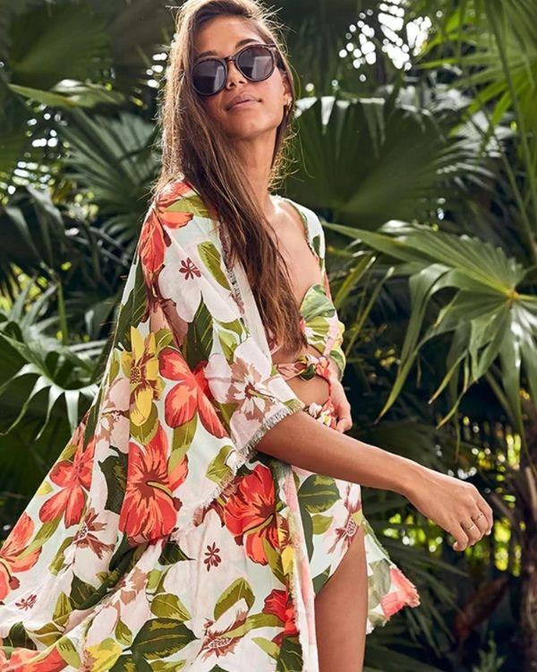 Blumen Tunika Beach Strand Cover-Up Kimono mit Blumen Vintage Hibiskus Mustern