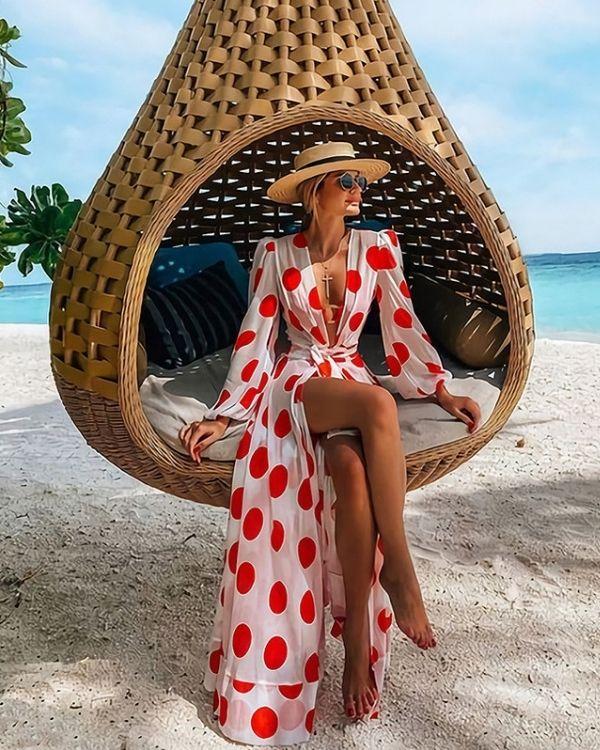 Kimono Cardigan Damen weiss mit roten Punkten, Polka Style Beach Cardigan Fashion Just Style
