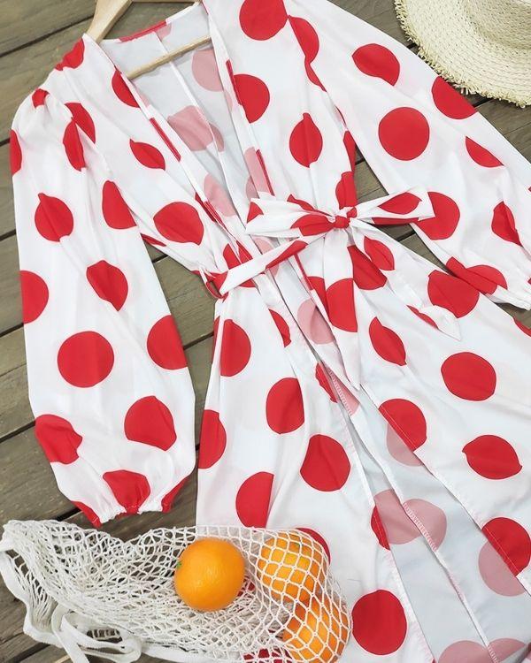 Polka Beach Cover Up Kimono Cardigan weiss mit roten Punkten