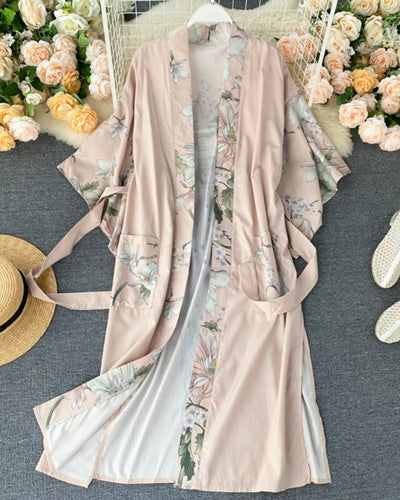 Beiger Blumen Flower Kimono Cardigan lang mit Stoffgurt zum binden