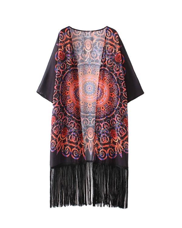 Leicht transparenter Fransen Kimono mit Mandala  Ethno Mustern