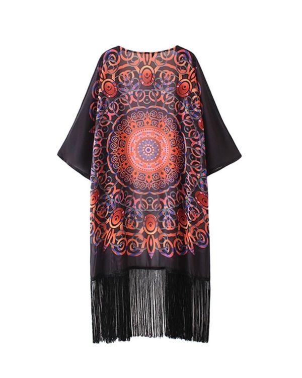 Fransen Spiritual Mandala Kimono mit Boho Ethno Mustern in rot-orange gemischt